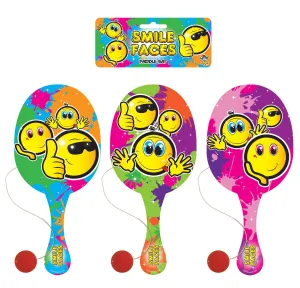 12 Wooden Paddle Bats & Balls - Smiley Face