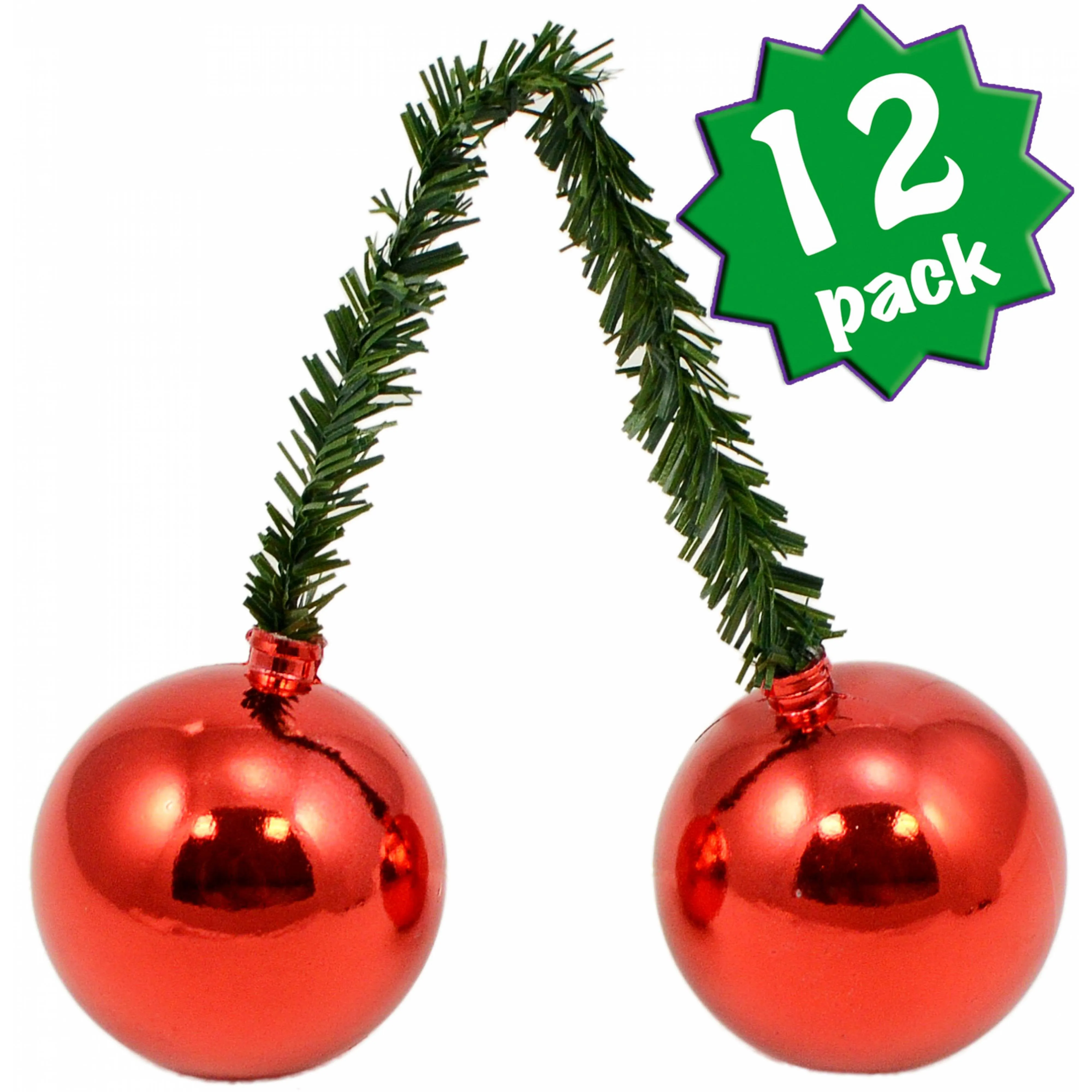 6" Green Tinsel Ties w/ 50mm Balls: Red (Set of 12)