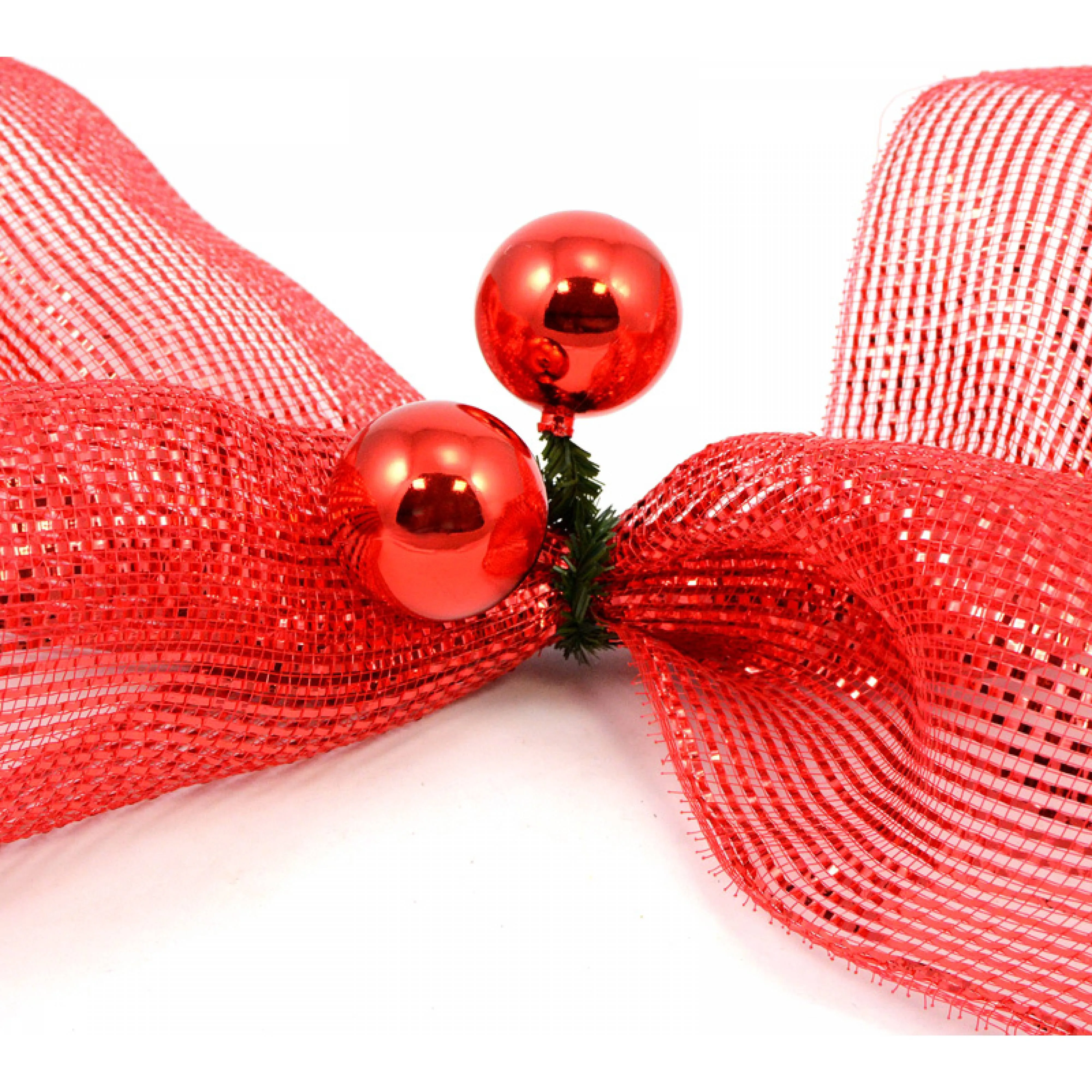 6" Green Tinsel Ties w/ 50mm Balls: Red (Set of 12)