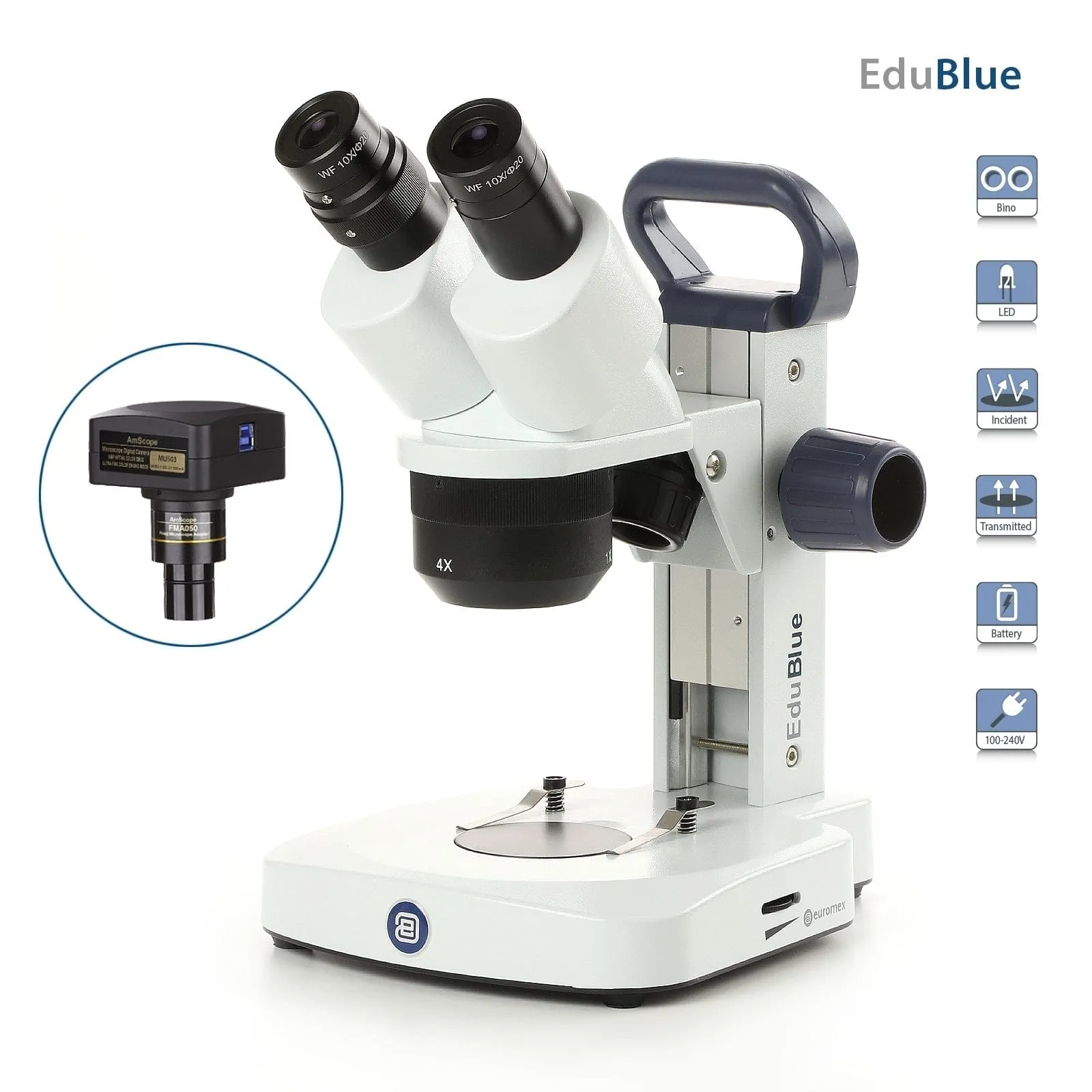 Euromex EduBlue Binocular Portable Stereo Microscope on Rack and Pinion Track Stand