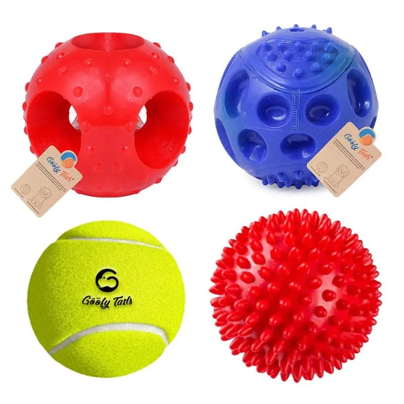 Goofy Tails Dog Ball Combo for Dogs (Tennis Ball  Hole Ball  Spike Ball  Hard Squeaky Ball )