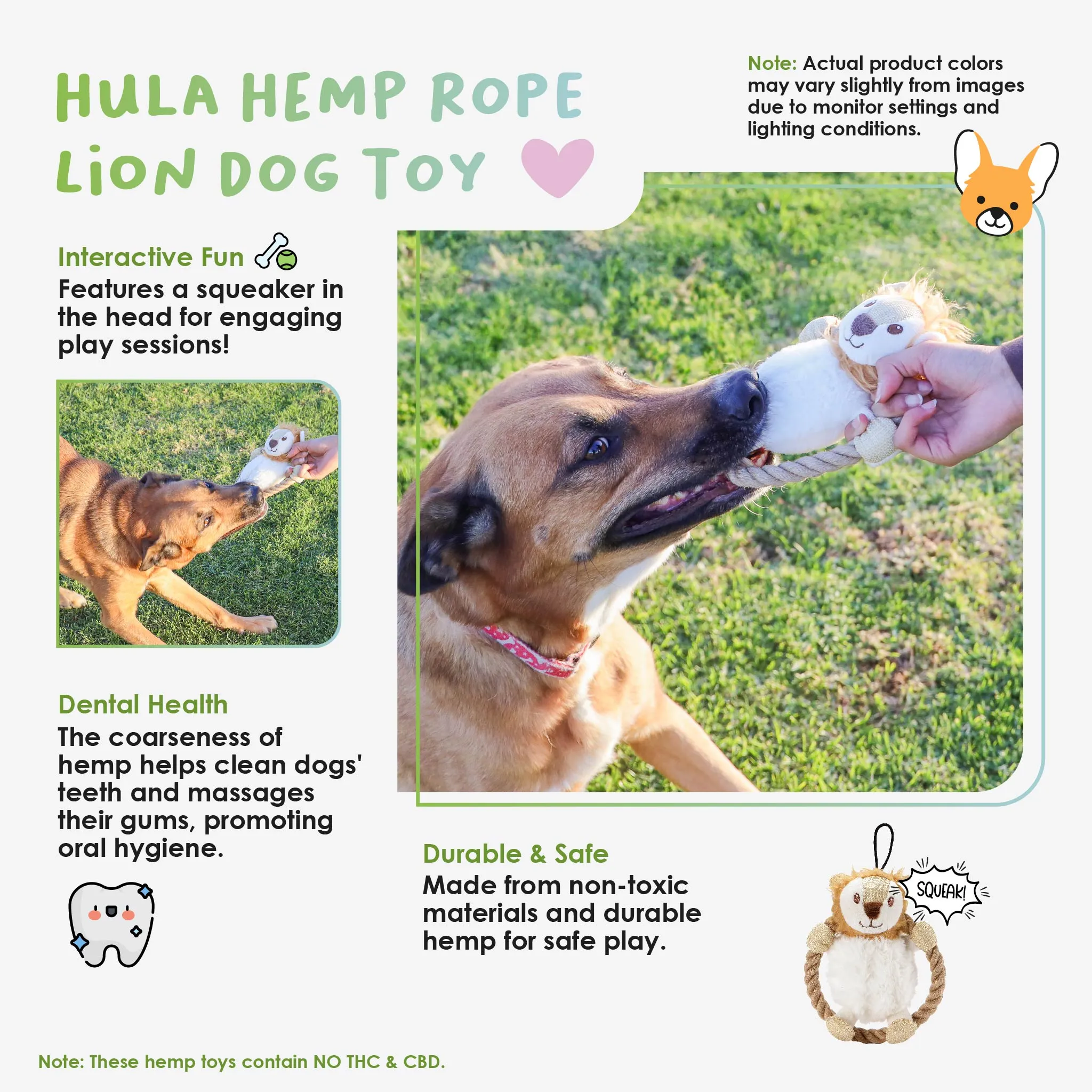 Hula Hemp Rope Lion Dog Toy: Fun Squeaker in Head, Stimulates Pets Mentally & Physically, Tough Hemp Rope for Holding, Fetching, & Tug of War, Non-Toxic, Cleans Teeth, Variety of Textures, for Pets