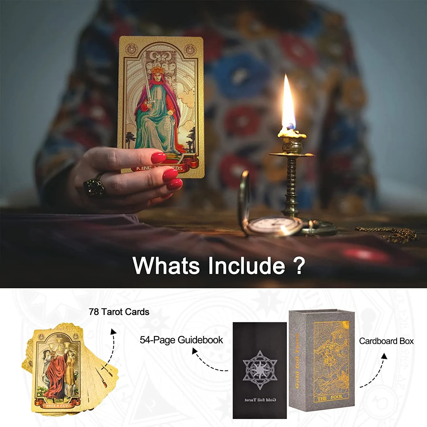 KIINO 78 Gold Foil Tarot Cards with Guide Book Tarot Deck for Beginners and Professional Player with Box Tarot PVC Durable Waterproof Wrinkle Resistant