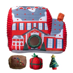 Pronk! Christmas Decorated House 4-Piece 12-Inch Durable Soft Plush Squeaky Puzzle Dog Toy Set